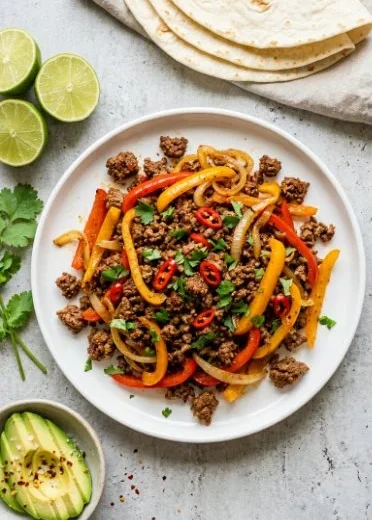 Deliciously prepared ground beef fajitas with colorful peppers and onions