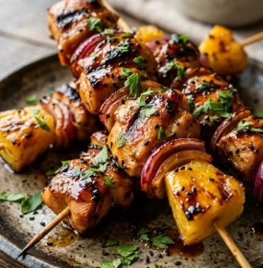 Hawaiian Chicken Kabobs 2 Colorful Hawaiian Chicken Kabobs on the grill, showcasing marinated chicken and veggies.