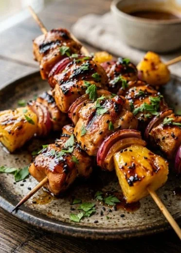 Colorful Hawaiian Chicken Kabobs on the grill, showcasing marinated chicken and veggies.