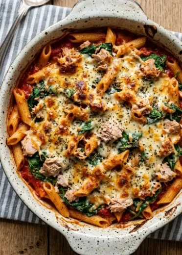 Healthy Tomato Tuna Pasta Bake fresh out of the oven