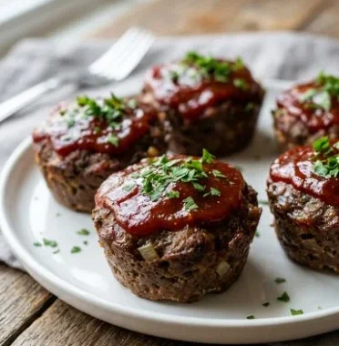 Healthy turkey meatloaf muffins served on a plate, garnished with herbs.