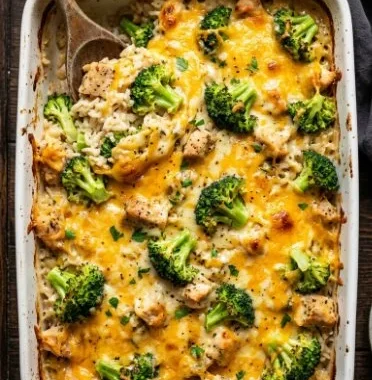 High-Protein Chicken Broccoli Rice Casserole 2 High-protein chicken broccoli rice casserole topped with melted cheese