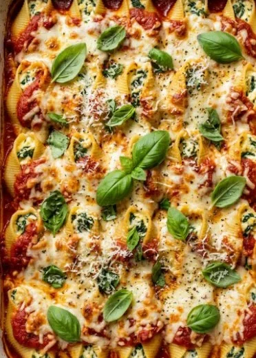 Plated high-protein pesto beef stuffed shells with a sprinkle of cheese and herbs