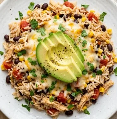 High Protein Southwest Chicken & Rice dish with vibrant vegetables and spices