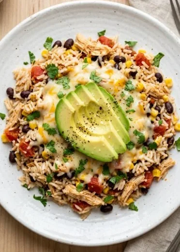 High Protein Southwest Chicken & Rice dish with vibrant vegetables and spices