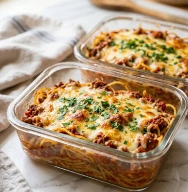 High-protein spaghetti casserole topped with melted cheese and fresh herbs