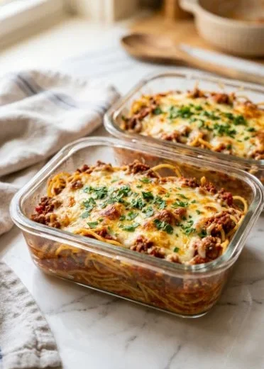 High-protein spaghetti casserole topped with melted cheese and fresh herbs