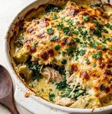 High protein spinach and artichoke chicken casserole topped with cheese