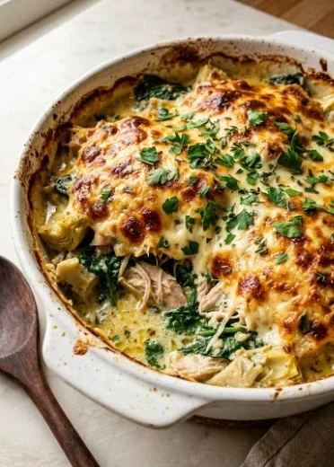 High protein spinach and artichoke chicken casserole topped with cheese