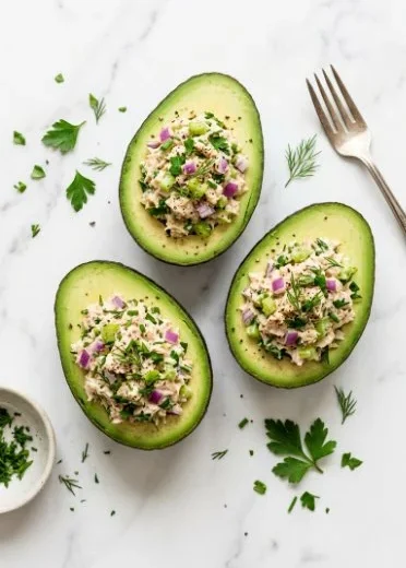 High-protein tuna stuffed avocados filled with healthy ingredients