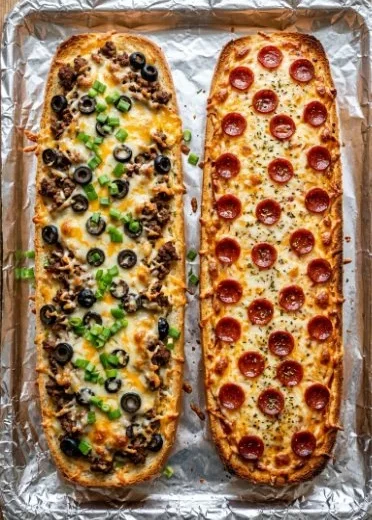 Homemade French bread pizza topped with cheese and fresh ingredients