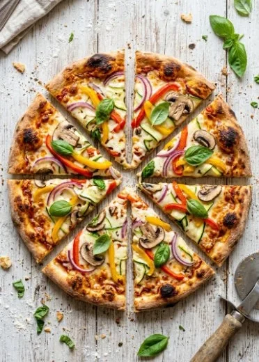 A freshly baked homemade pizza topped with cheese, tomatoes, and basil