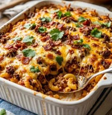 Indulgent Cowboy Casserole 1 Delicious cowboy casserole topped with cheese and ground beef in a baking dish