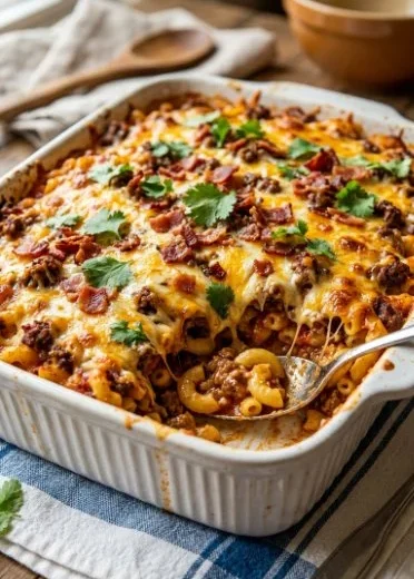 Delicious cowboy casserole topped with cheese and ground beef in a baking dish