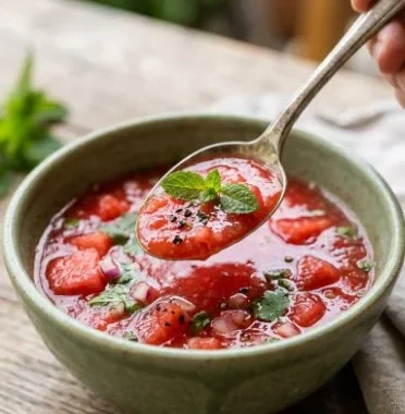 Bowl of vibrant watermelon gazpacho garnished with mint leaves