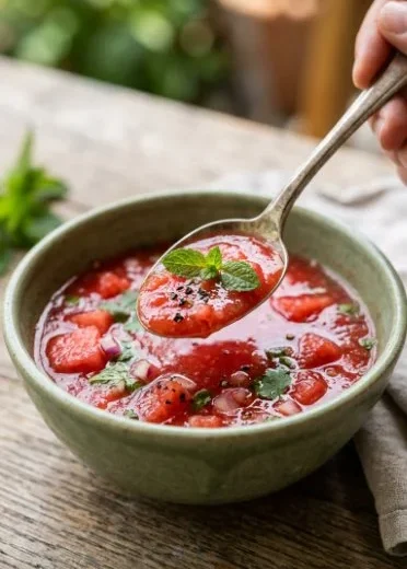 Bowl of vibrant watermelon gazpacho garnished with mint leaves