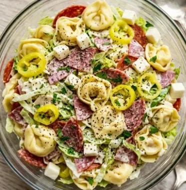 Italian Grinder Tortellini Salad with fresh vegetables and dressing