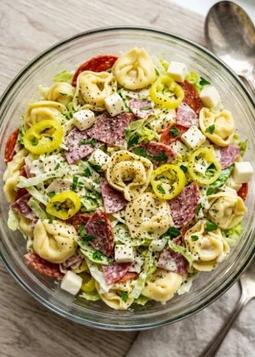 Italian Grinder Tortellini Salad with fresh vegetables and dressing