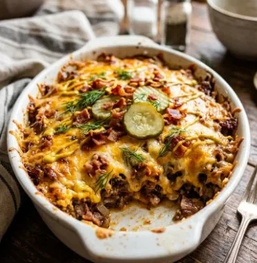 Keto Bacon Cheeseburger Casserole Recipe 1 Delicious Keto Bacon Cheeseburger Casserole topped with melted cheese and crispy bacon.