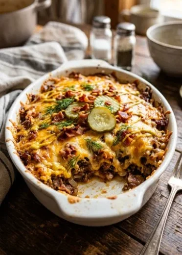 Delicious Keto Bacon Cheeseburger Casserole topped with melted cheese and crispy bacon.