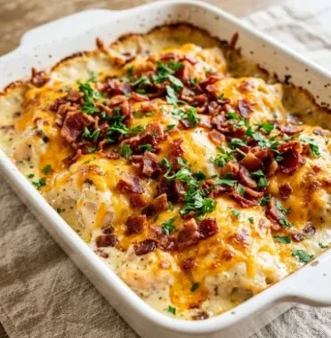 Keto Bacon Ranch Chicken Bake 1 Keto Bacon Ranch Chicken Bake topped with crispy bacon and ranch seasoning