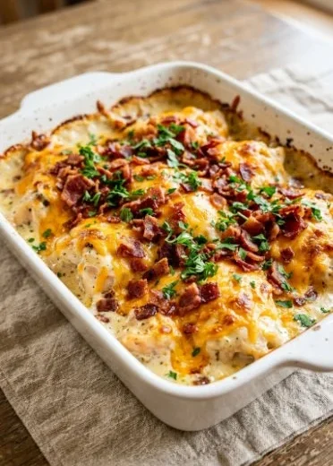 Keto Bacon Ranch Chicken Bake topped with crispy bacon and ranch seasoning