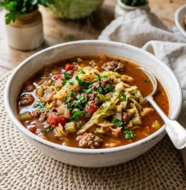 Keto Cabbage Fat-burning Soup Recipe 2 Bowl of Keto Cabbage Fat-burning Soup with fresh herbs and vegetables