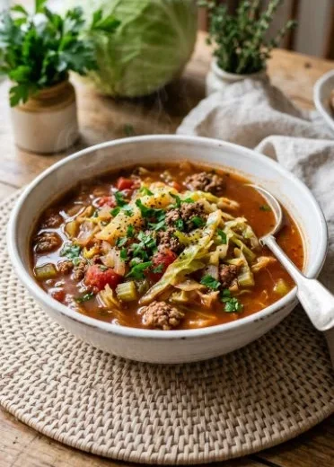 Bowl of Keto Cabbage Fat-burning Soup with fresh herbs and vegetables