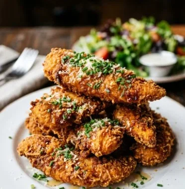 Keto-friendly Crispy Parmesan Chicken Tenders 2 Crispy keto-friendly parmesan chicken tenders on a plate