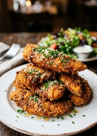 Crispy keto-friendly parmesan chicken tenders on a plate