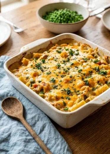 A delicious plate of King Ranch Chicken with melted cheese and colorful toppings.