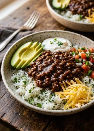 Delicious Lazy Ground Beef Taco Bowls topped with fresh ingredients.