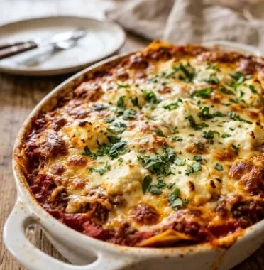 Lazy Lasagna 1 Delicious lazy lasagna served with cheese and herbs on a white plate.