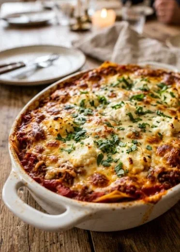 Delicious lazy lasagna served with cheese and herbs on a white plate.