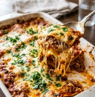 Lazy Lasagna Casserole topped with cheese and herbs in a baking dish