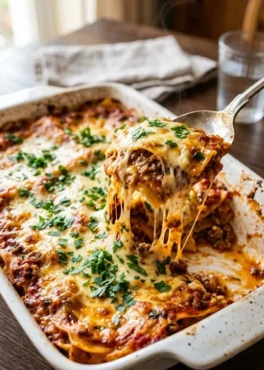 Lazy Lasagna Casserole topped with cheese and herbs in a baking dish