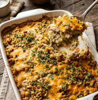 Leftover Turkey & Stuffing-Style Hashbrown Casserole 2 Leftover Turkey and Stuffing Hashbrown Casserole served in a dish