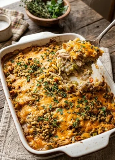 Leftover Turkey and Stuffing Hashbrown Casserole served in a dish