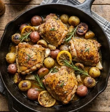 Lemon Herb Chicken and Potatoes Skillet 1 Lemon herb chicken and potatoes skillet dish garnished with fresh herbs