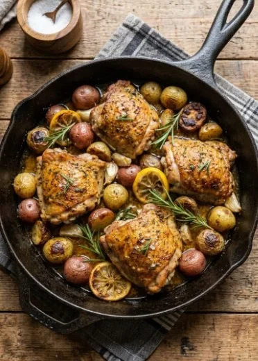 Lemon herb chicken and potatoes skillet dish garnished with fresh herbs