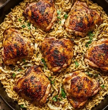 Lemon Parmesan Chicken Orzo 1 Plate of Lemon Parmesan Chicken Orzo garnished with parsley
