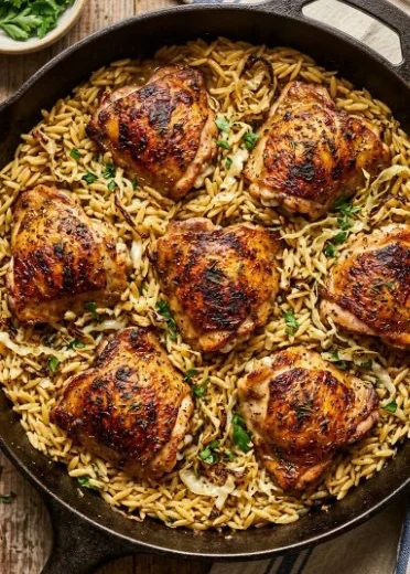 Plate of Lemon Parmesan Chicken Orzo garnished with parsley