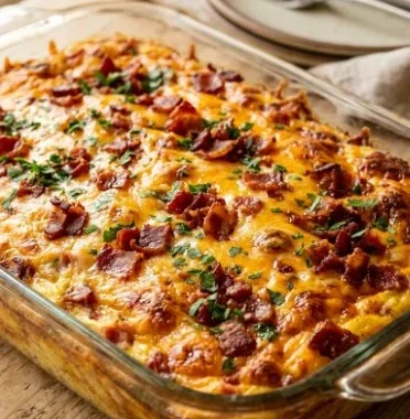 Loaded Baked Egg Casserole 2 Deliciously loaded baked egg casserole served on a plate with colorful vegetables.