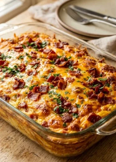 Deliciously loaded baked egg casserole served on a plate with colorful vegetables.