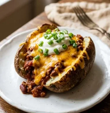 Loaded chili baked potatoes topped with cheese and green onions