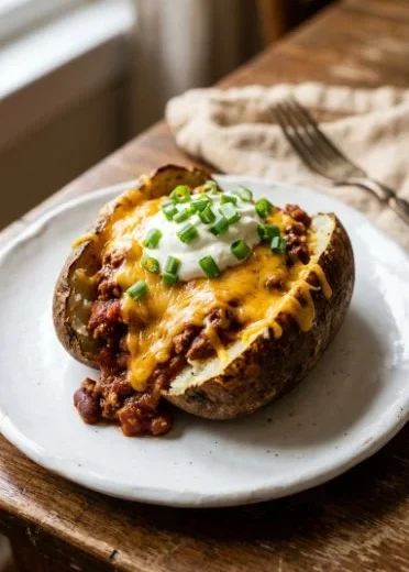 Loaded chili baked potatoes topped with cheese and green onions