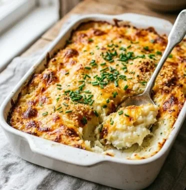 Make-Ahead Mashed Potato Casserole 2 Make-Ahead Mashed Potato Casserole topped with cheese and herbs