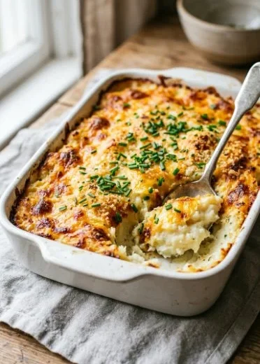 Make-Ahead Mashed Potato Casserole topped with cheese and herbs