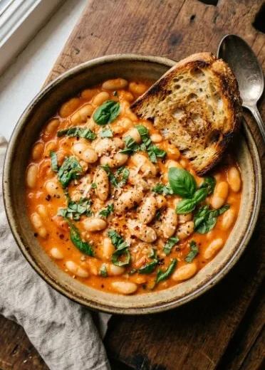 Delicious Marry Me White Beans dish garnished and ready to serve.