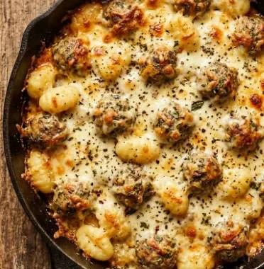 Meatball Gnocchi Bake 1 Delicious Meatball Gnocchi Bake topped with cheese and fresh herbs